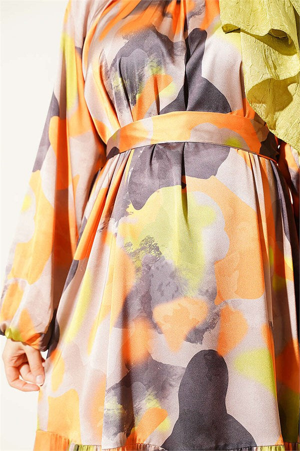 Orange Patterned Dress with Collar Trim