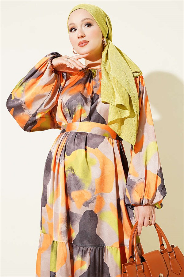 Orange Patterned Dress with Collar Trim