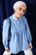 Embroidered Collar Striped Shirt Blue