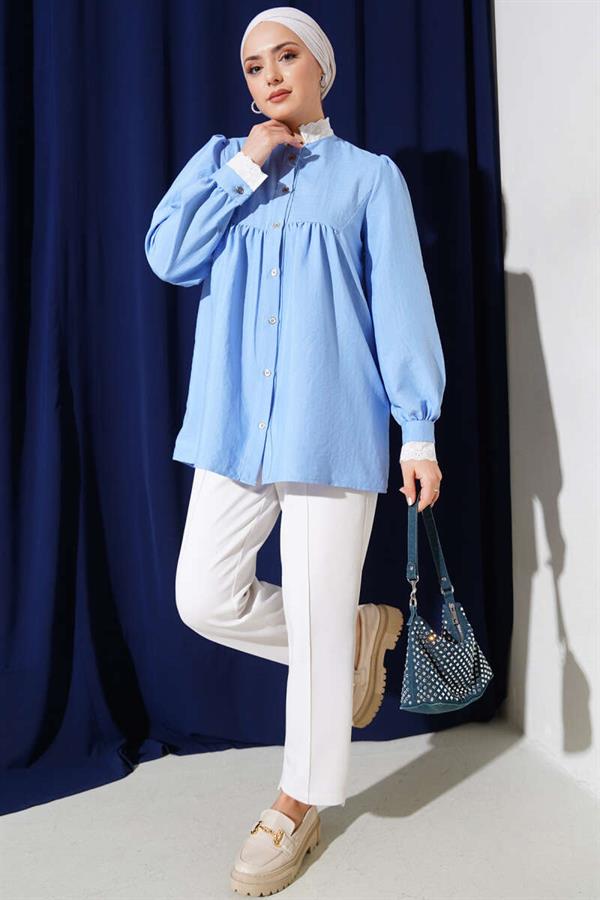 Embroidered Collar Striped Shirt Blue