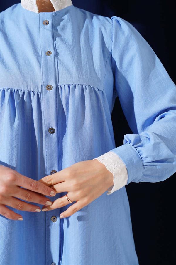 Embroidered Collar Striped Shirt Blue