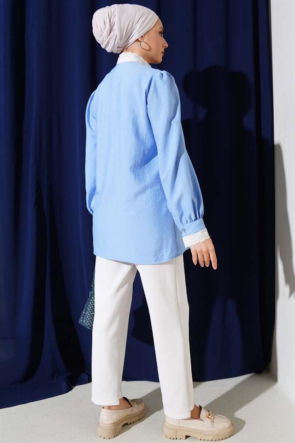 Embroidered Collar Striped Shirt Blue