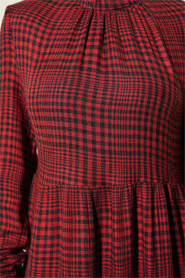 Burgundy Plaid Dress with Gathered Neckline