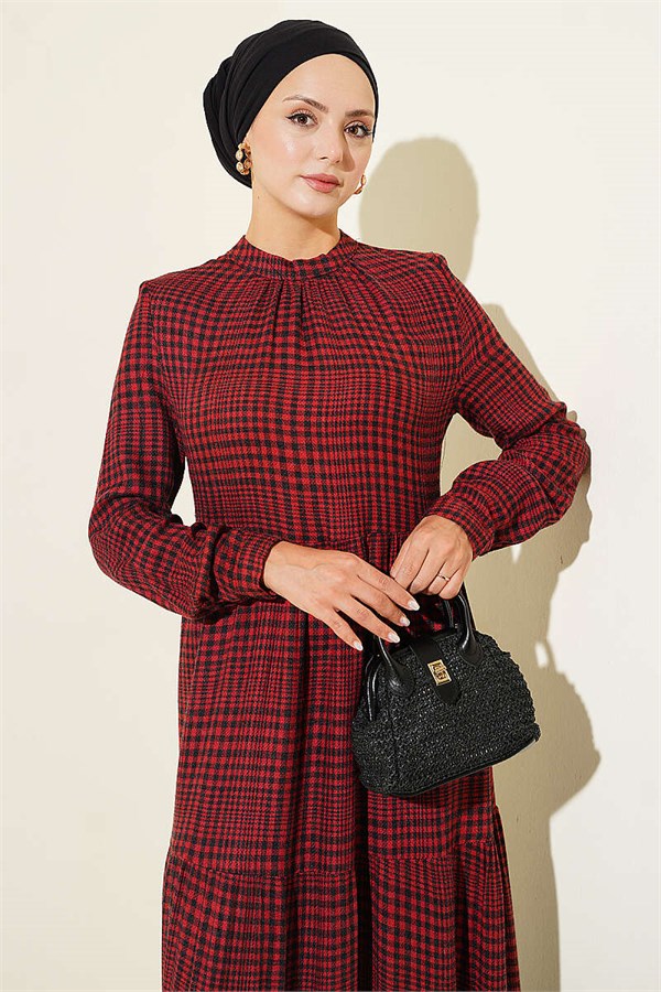 Burgundy Plaid Dress with Gathered Neckline