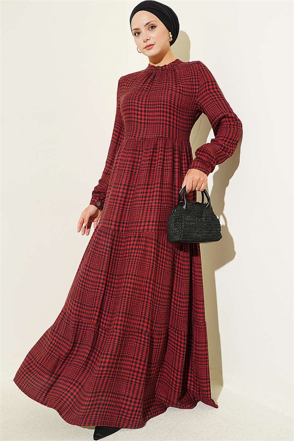 Burgundy Plaid Dress with Gathered Neckline