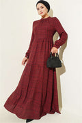 Burgundy Plaid Dress with Gathered Neckline