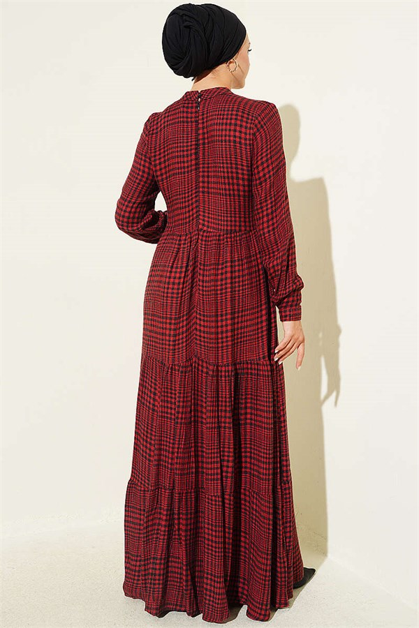 Burgundy Plaid Dress with Gathered Neckline