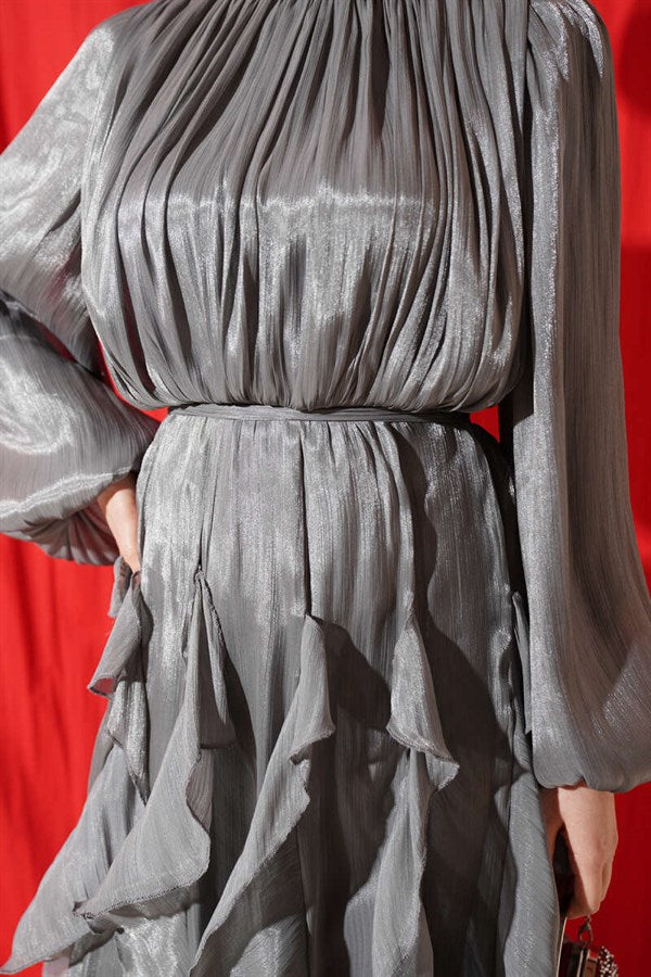 Grey Ruffled Evening Dress with Gathered Neckline