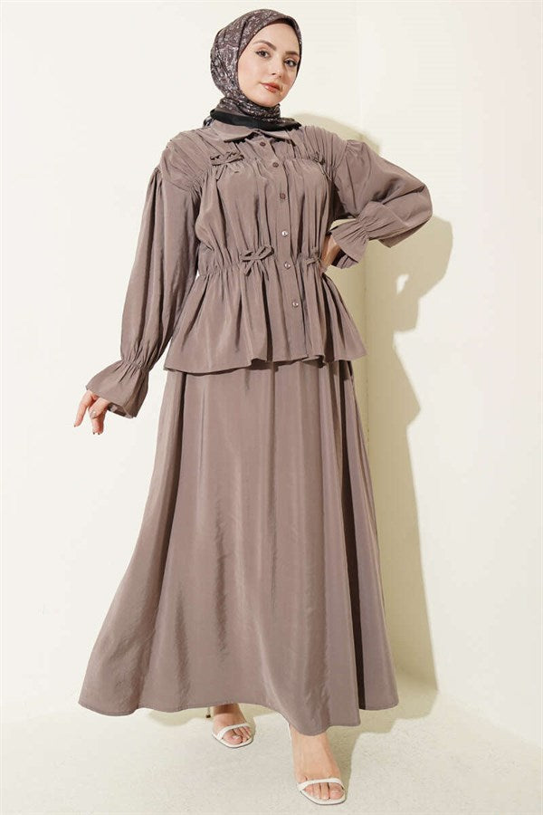 2 Piece Set with Gathered Neckline and Bow Detail, Mink Color