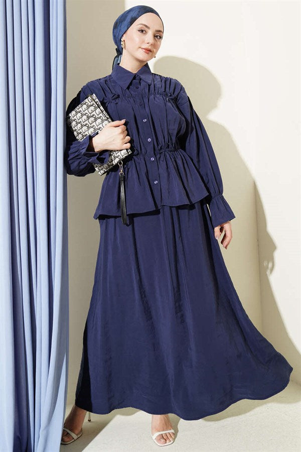 Navy Blue 2 Piece Set with Gathered Neckline and Bow Skirt