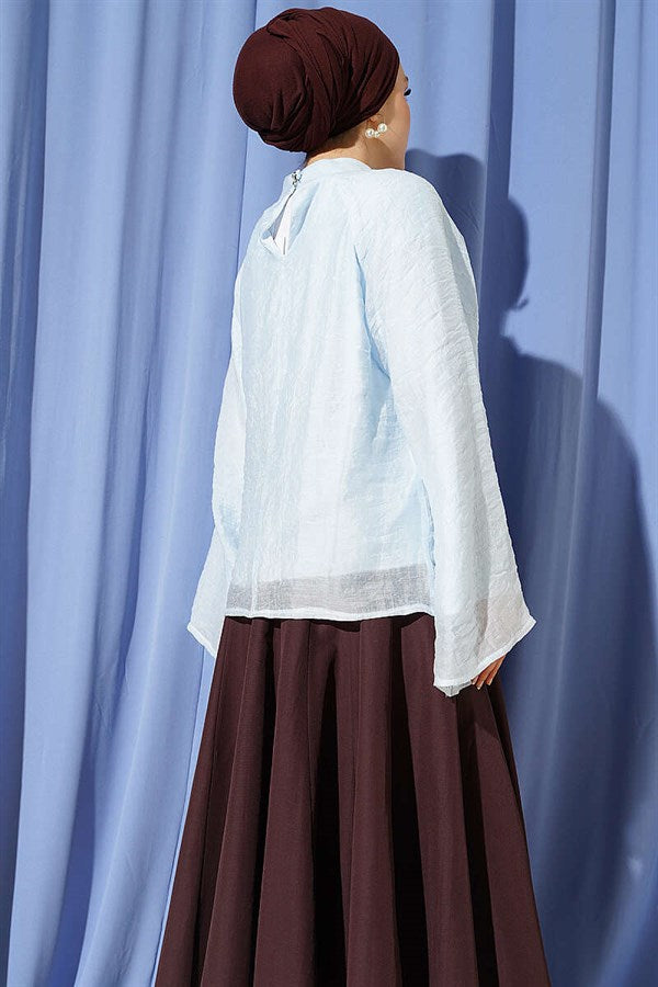 Blue Blouse with Gathered Neckline and Wide Sleeves
