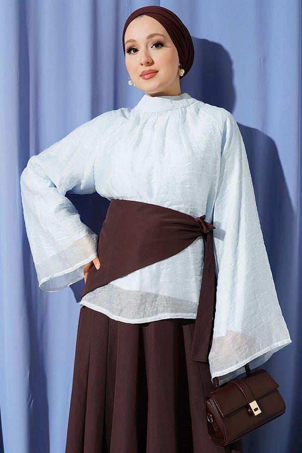 Blue Blouse with Gathered Neckline and Wide Sleeves