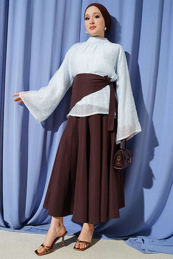 Blue Blouse with Gathered Neckline and Wide Sleeves