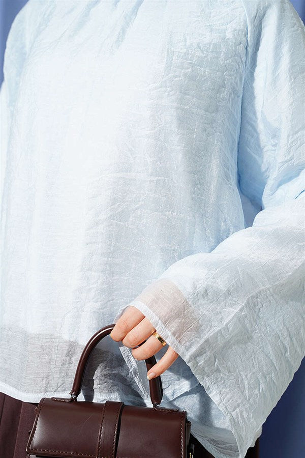 Blue Blouse with Gathered Neckline and Wide Sleeves