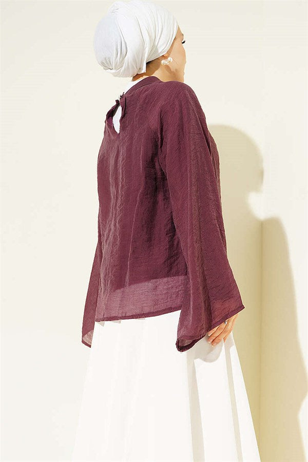 Burgundy Blouse with Gathered Neckline and Wide Sleeves