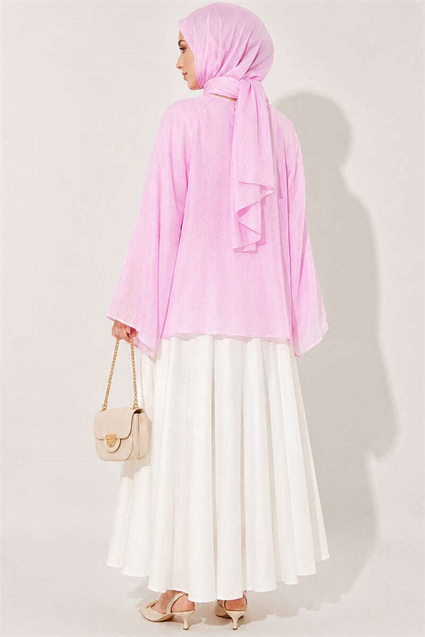 Pink Blouse with Gathered Neckline and Wide Sleeves