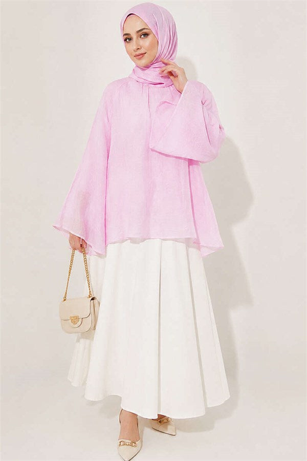 Pink Blouse with Gathered Neckline and Wide Sleeves