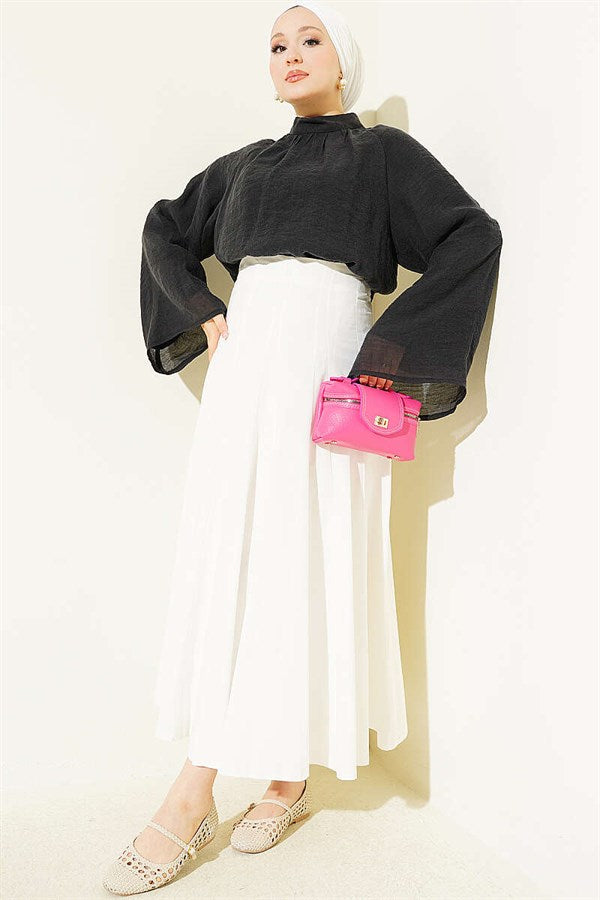 Black Blouse with Gathered Neckline and Wide Sleeves