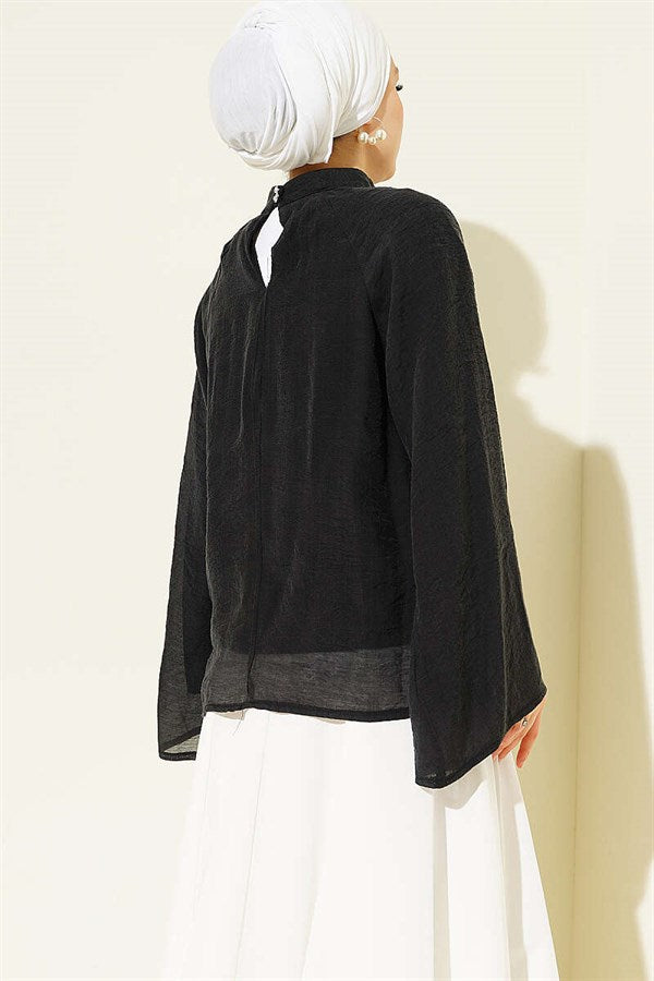 Black Blouse with Gathered Neckline and Wide Sleeves