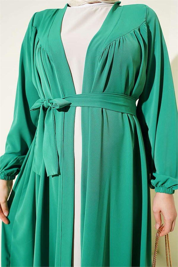 Two-Piece Abaya Set with Gathered Neckline, Green
