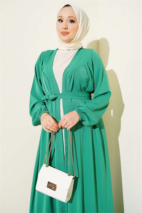 Two-Piece Abaya Set with Gathered Neckline, Green