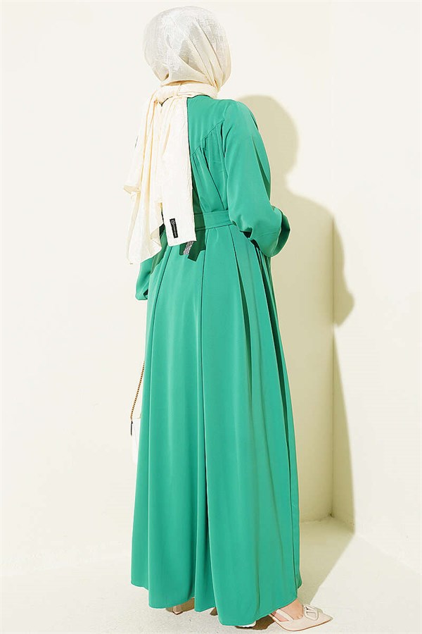 Two-Piece Abaya Set with Gathered Neckline, Green