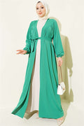 Two-Piece Abaya Set with Gathered Neckline, Green