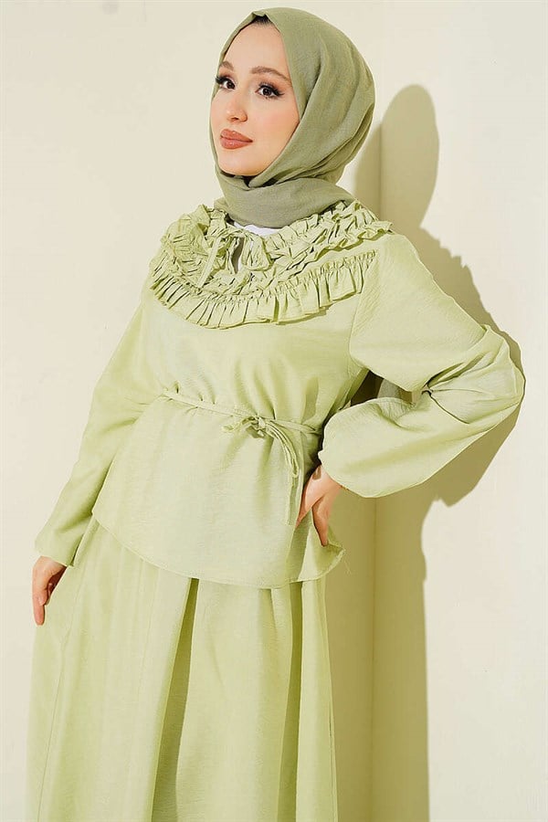 2 Piece Set with Gathered Neckline and Belted Skirt, Light Green