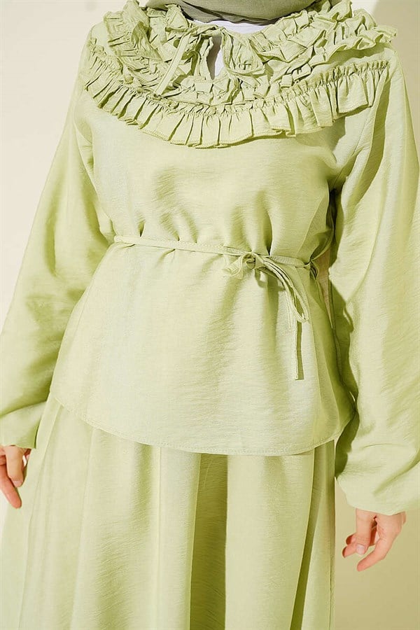 2 Piece Set with Gathered Neckline and Belted Skirt, Light Green