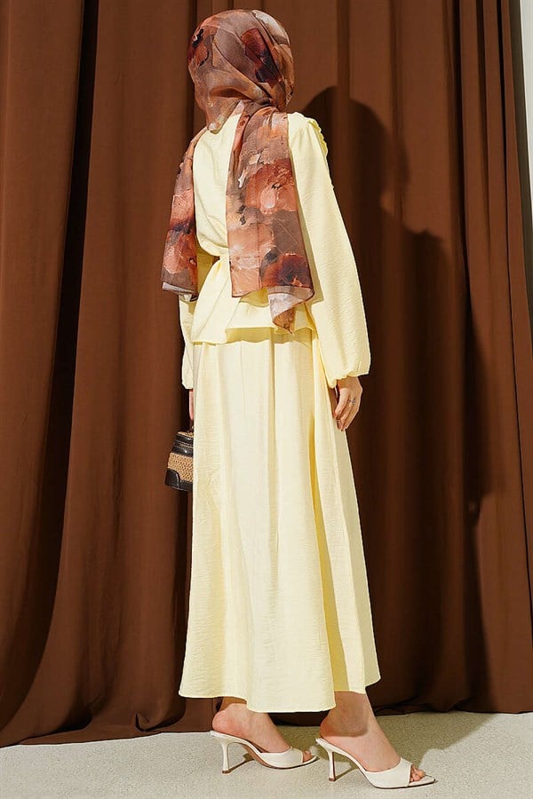 2 Piece Set with Gathered Neckline and Belted Skirt, Yellow