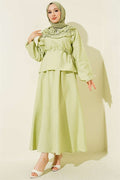 2 Piece Set with Gathered Neckline and Belted Skirt, Light Green