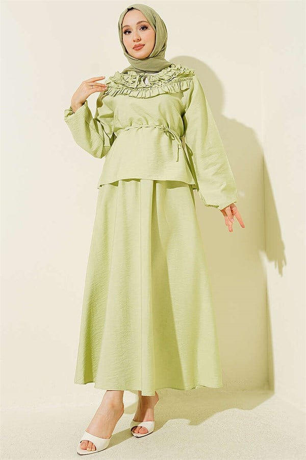 2 Piece Set with Gathered Neckline and Belted Skirt, Light Green