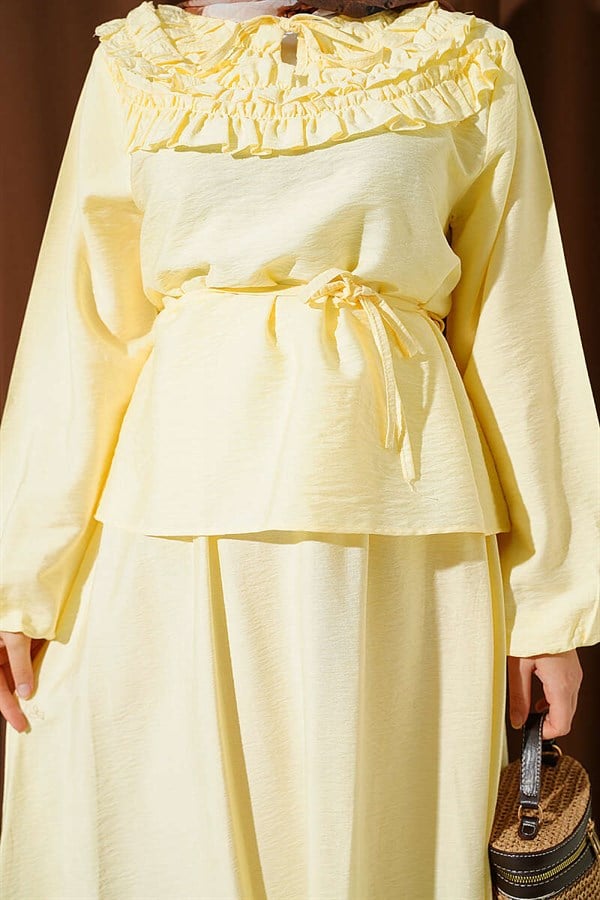 2 Piece Set with Gathered Neckline and Belted Skirt, Yellow