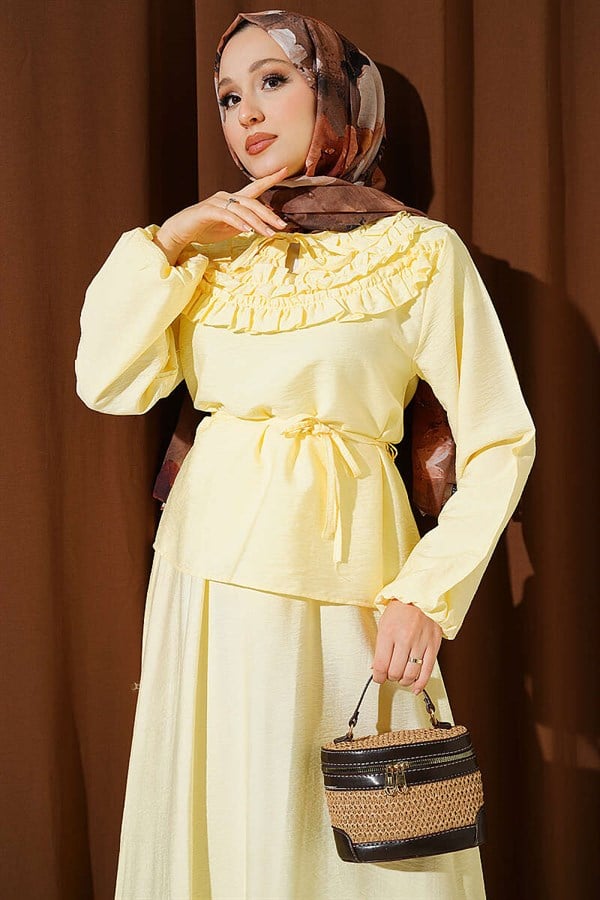 2 Piece Set with Gathered Neckline and Belted Skirt, Yellow