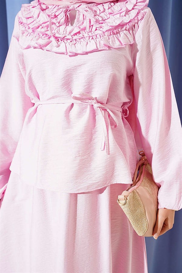 Pink 2 Piece Set with Gathered Neckline and Belted Skirt