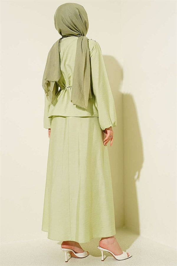 2 Piece Set with Gathered Neckline and Belted Skirt, Light Green