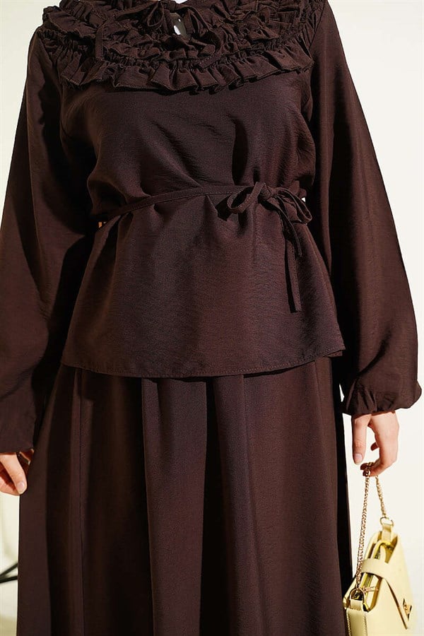 2 Piece Set in coffee color: Collar gathered, belted skirt.