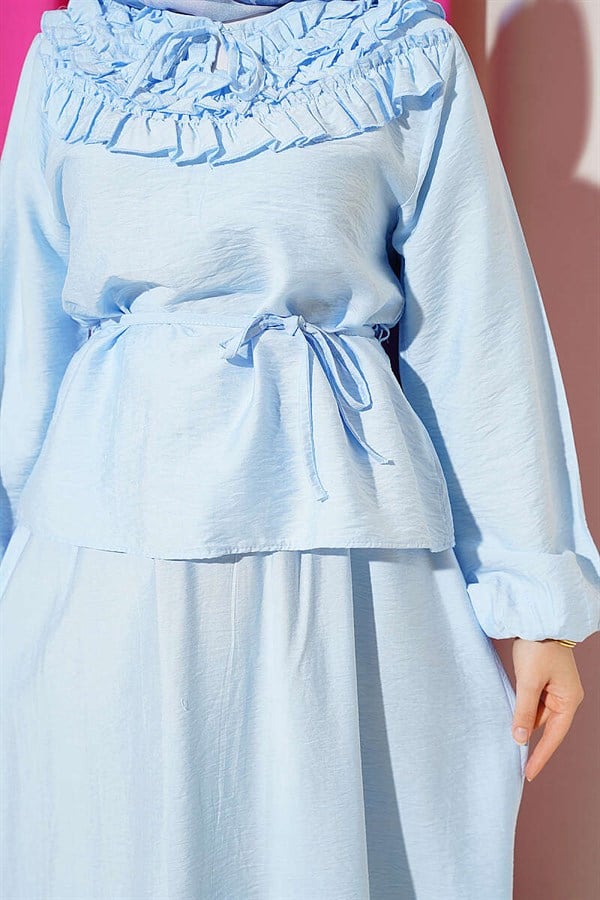 2 Piece Set with Gathered Neckline and Belted Skirt, Blue