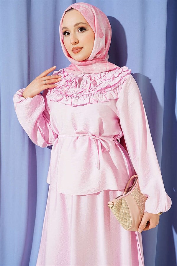 Pink 2 Piece Set with Gathered Neckline and Belted Skirt