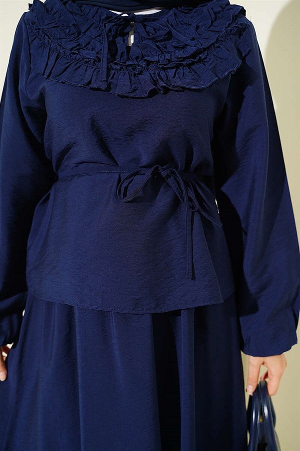 Navy Blue 2 Piece Set with Gathered Neckline and Belted Skirt