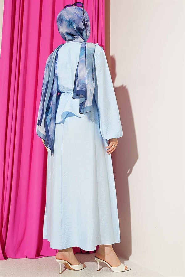 2 Piece Set with Gathered Neckline and Belted Skirt, Blue