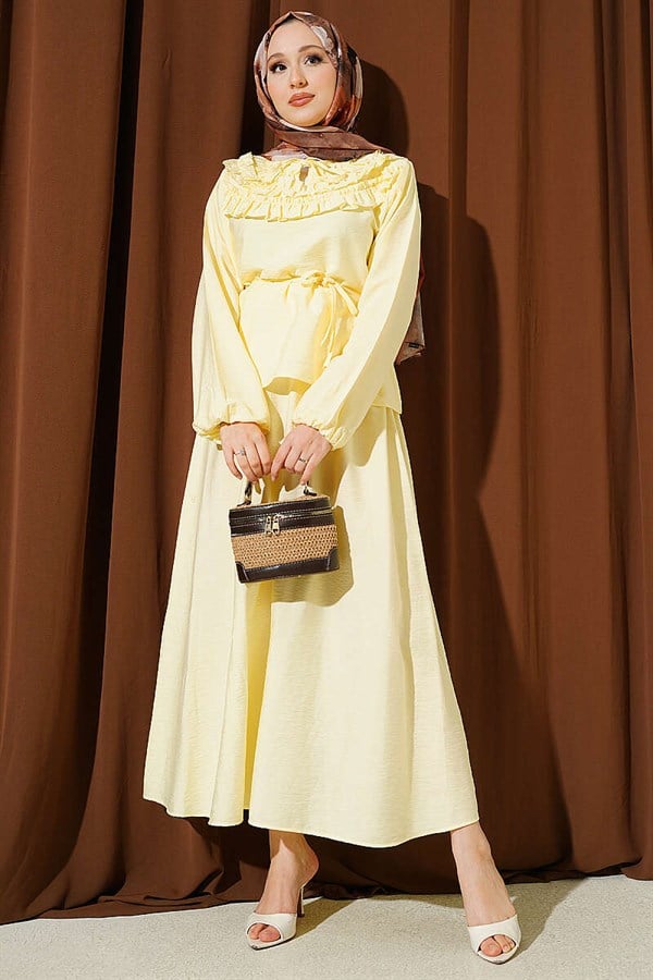2 Piece Set with Gathered Neckline and Belted Skirt, Yellow