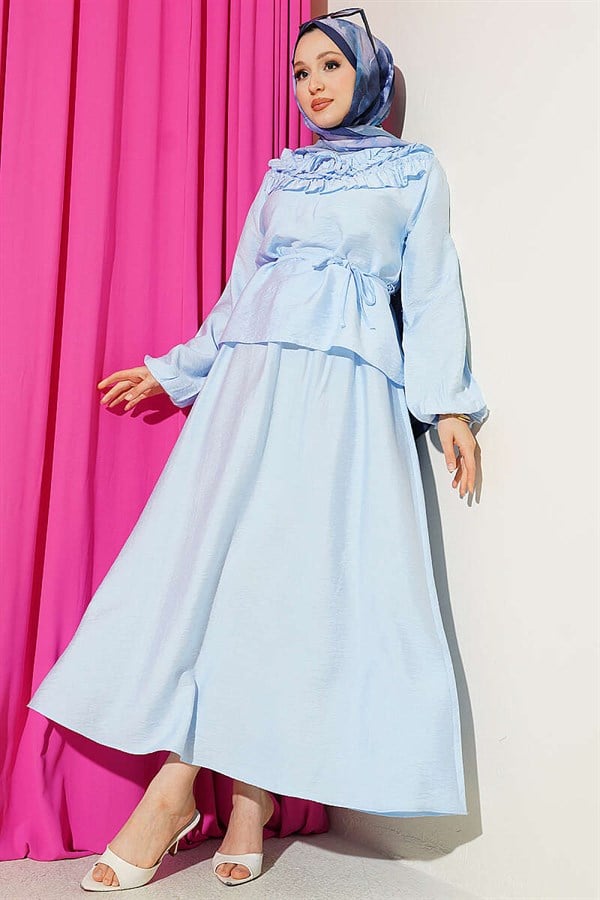 2 Piece Set with Gathered Neckline and Belted Skirt, Blue