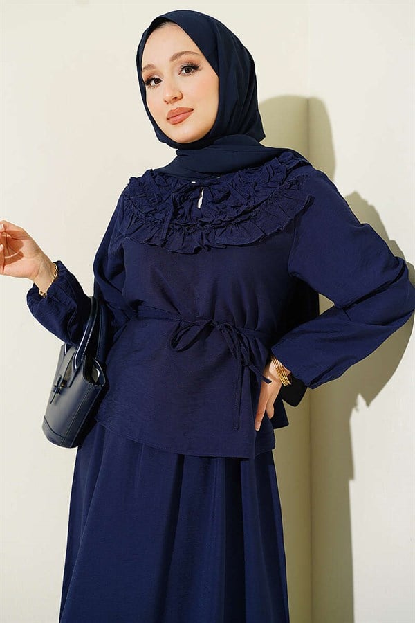 Navy Blue 2 Piece Set with Gathered Neckline and Belted Skirt