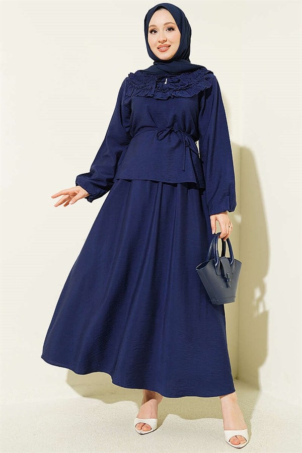 Navy Blue 2 Piece Set with Gathered Neckline and Belted Skirt