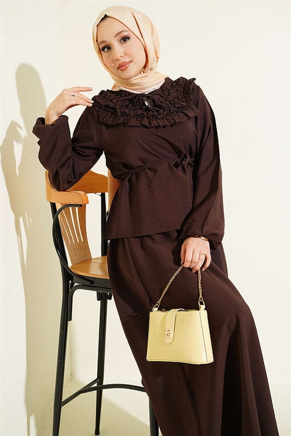 2 Piece Set in coffee color: Collar gathered, belted skirt.