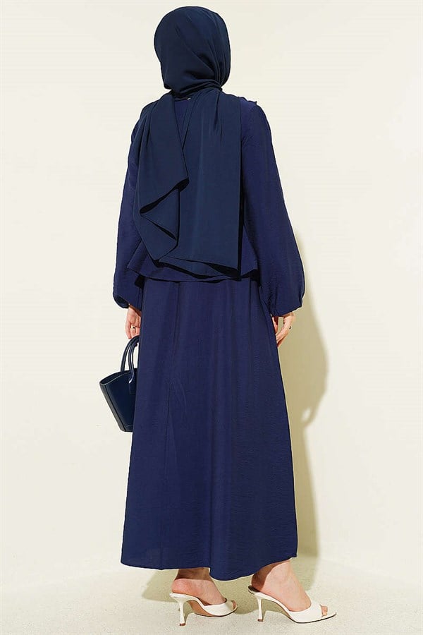 Navy Blue 2 Piece Set with Gathered Neckline and Belted Skirt