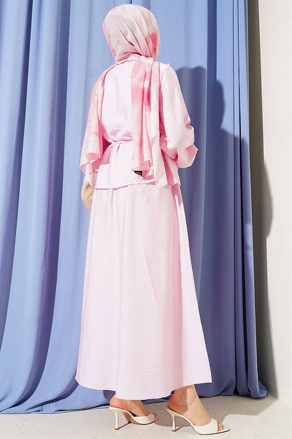 Pink 2 Piece Set with Gathered Neckline and Belted Skirt