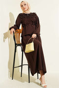 2 Piece Set in coffee color: Collar gathered, belted skirt.