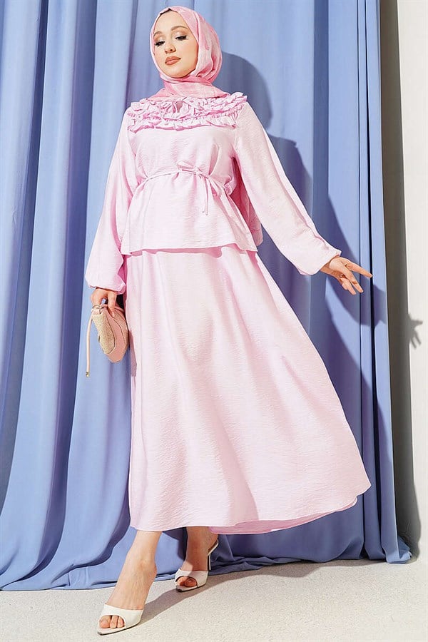 Pink 2 Piece Set with Gathered Neckline and Belted Skirt